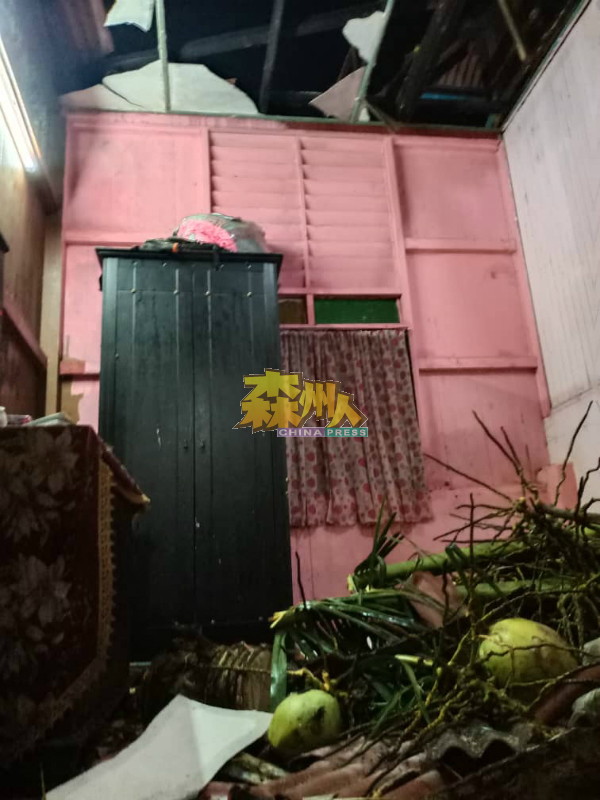 椰树倒下压毁屋顶，睡房地上还有数粒椰子。