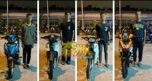 4名少年摩哆骑士在路上耍摩哆特技危险骑驶，被武吉安曼警察总部交通调查及执法局警员当场扣留。
