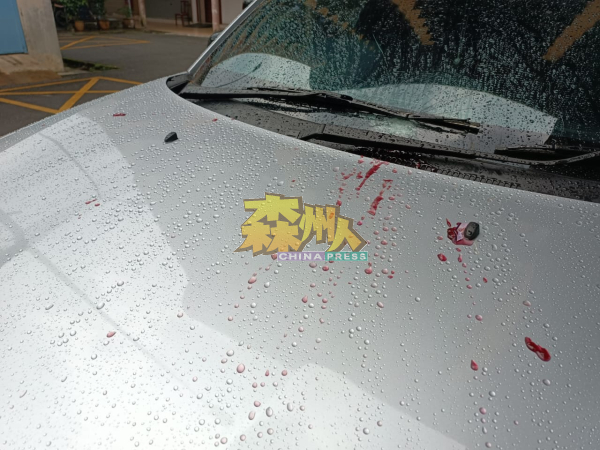 轿车除了挡风玻璃被砸毁，雨刷也被砸断，车身留下紫色果酱。