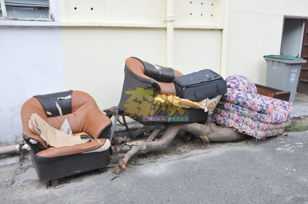 垃圾虫为贪方便，将不少大件物品包括沙发、树干、橱柜、行李箱等随意丢弃在商店后方。