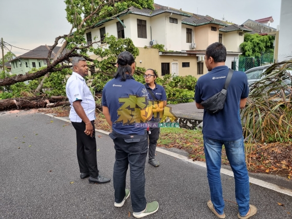 阿鲁古马（左）向被倒树压毁住家的住户了解情况，以便给予协助。